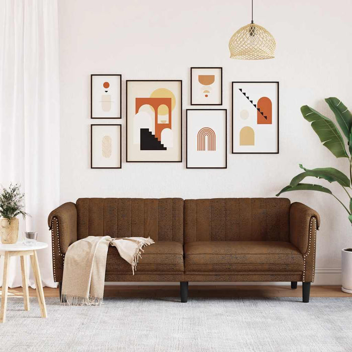 Divano a 3 Posti Marrone in Similpelle Scamosciata 372594