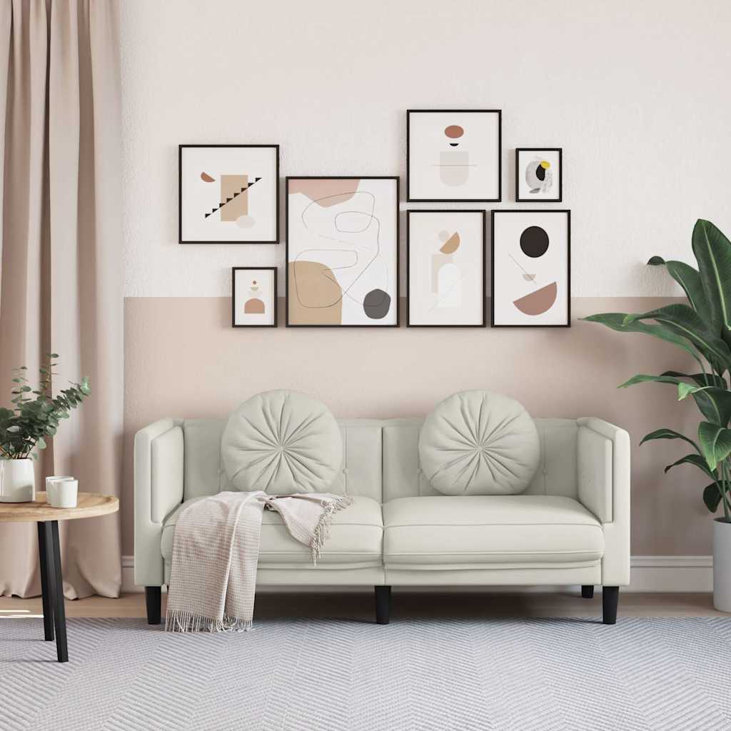 Divano a 2 Posti con Cuscini-Sofa 2 Posti con Cuscini Crema in Velluto