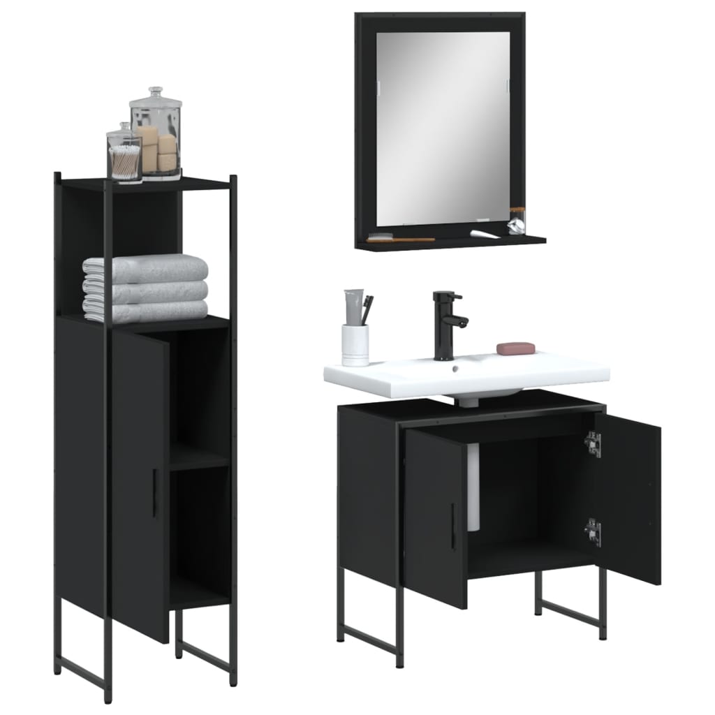Set di Mobili da Bagno 3 pz Nero in Legno Multistrato 3214344