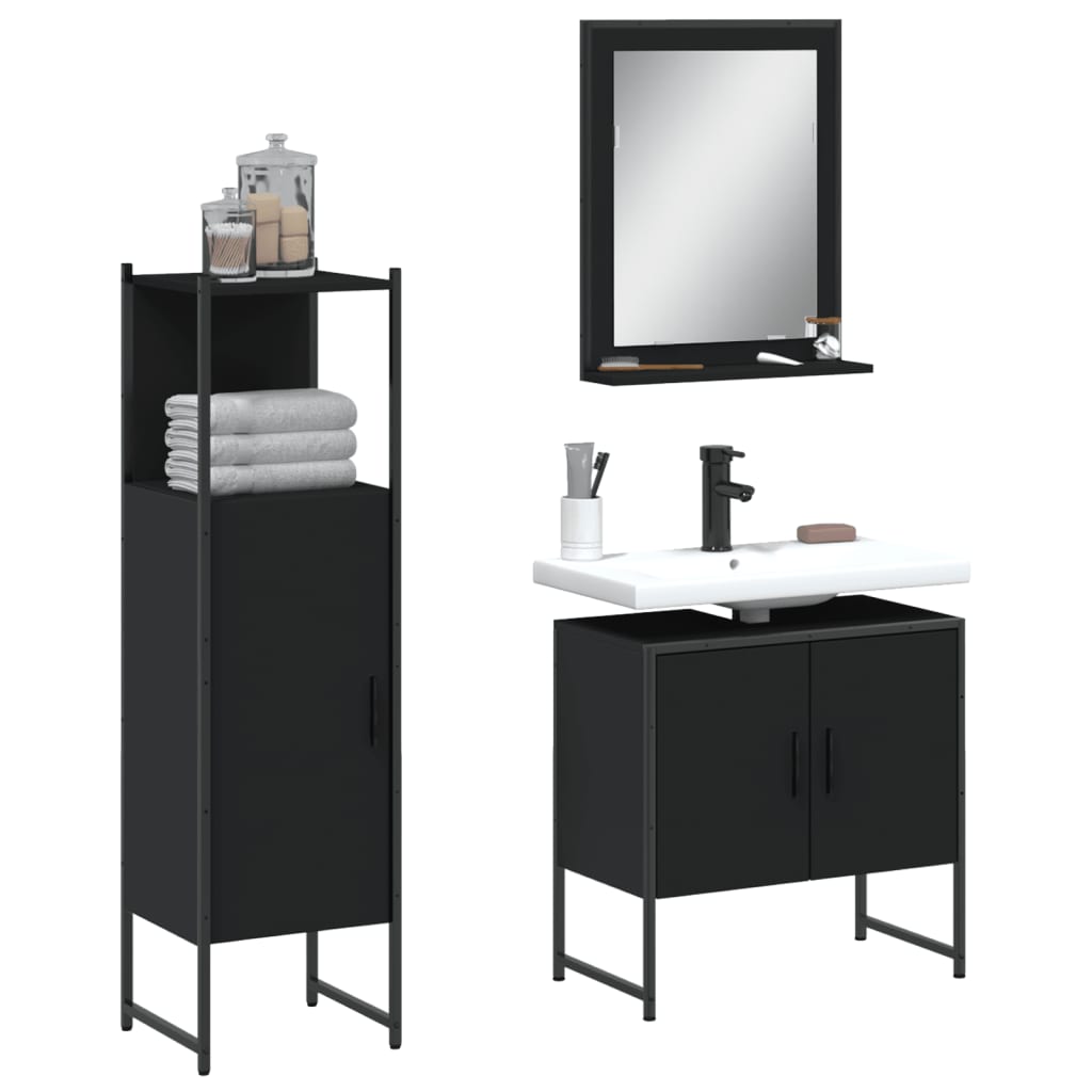 Set di Mobili da Bagno 3 pz Nero in Legno Multistrato 3214344