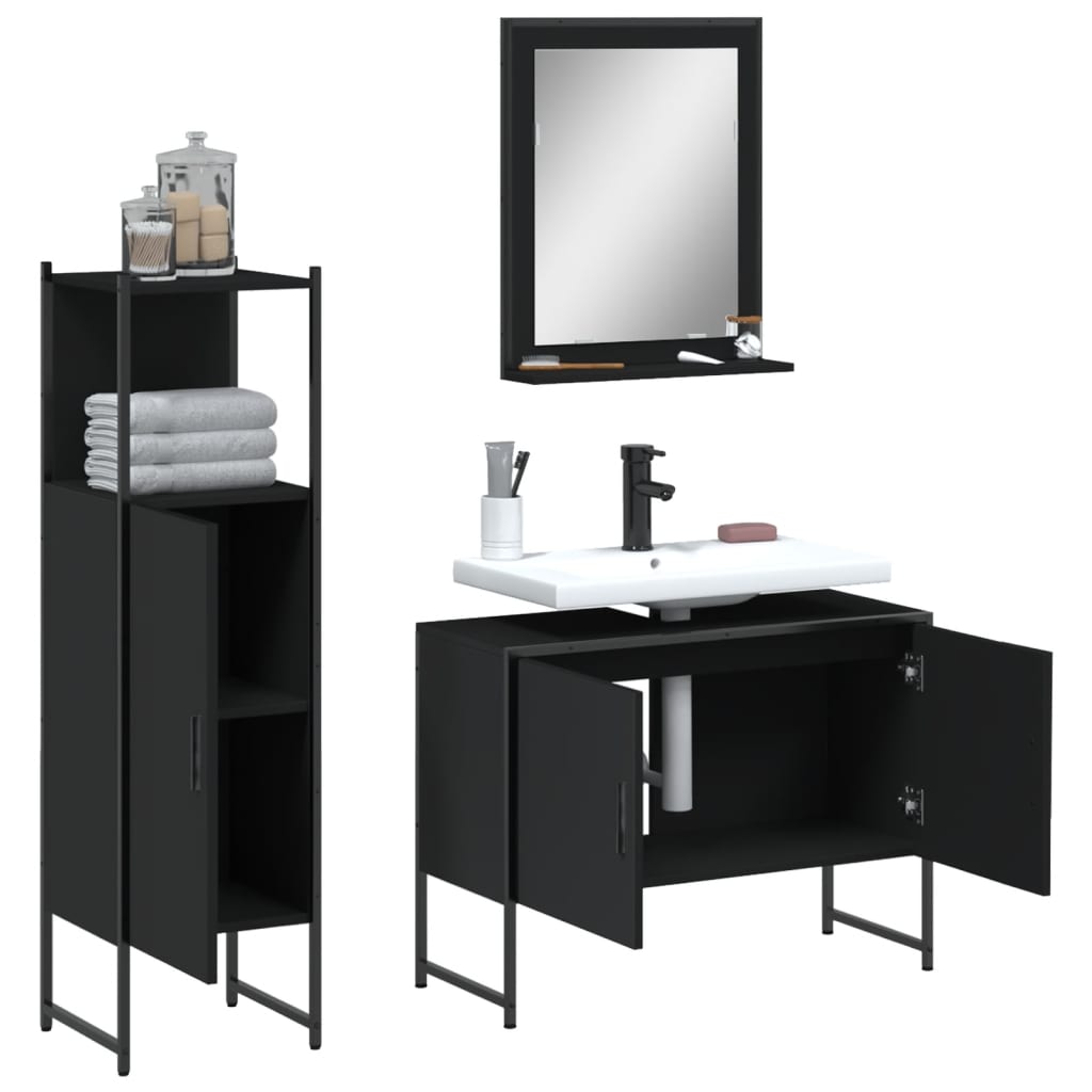 Set di Mobili da Bagno 3 pz Nero in Legno Multistrato 3214349