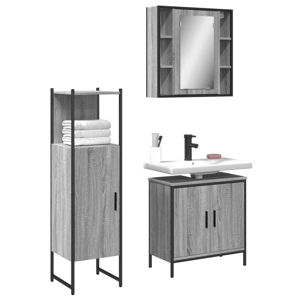 vidaXL Set Mobili da Bagno 3 pz Grigio Sonoma in Legno Multistrato