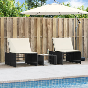 Lettini prendisole modulari 2 pz con tavolo nero in polyrattan