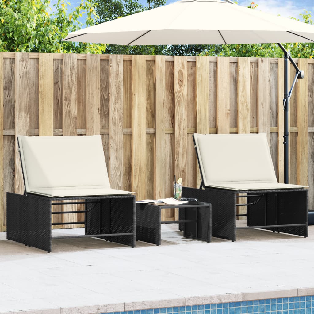 Lettini prendisole modulari 2 pz con tavolo nero in polyrattan