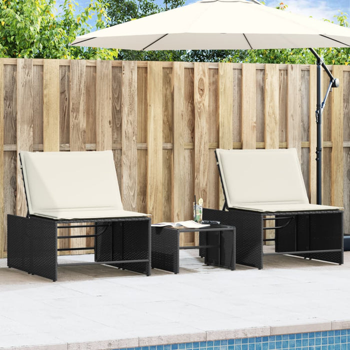 Lettini prendisole modulari 2 pz con tavolo nero in polyrattan