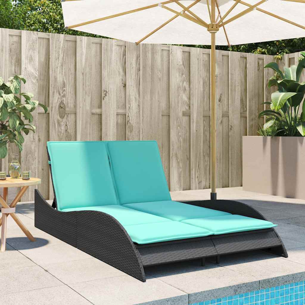 Lettino prendisole con cuscini nero 114x205x73 cm in polyrattan 368295