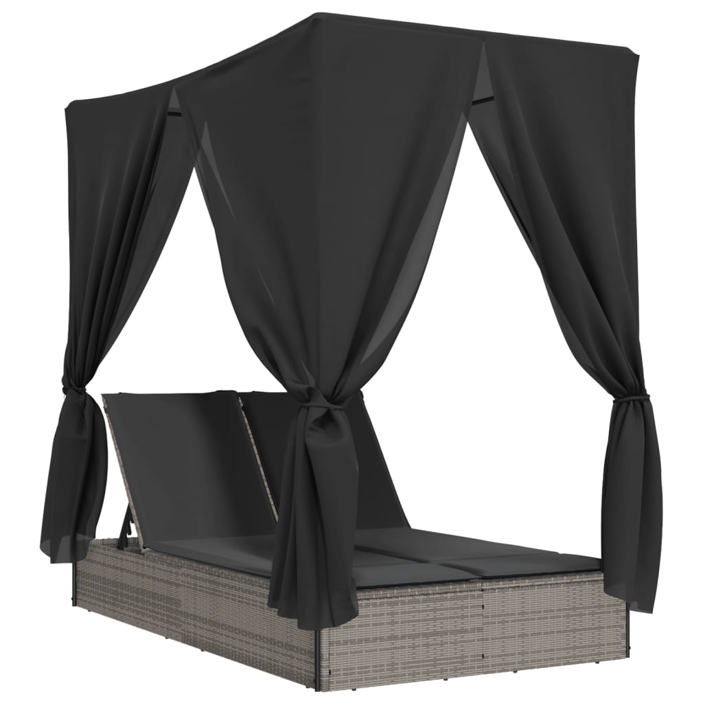 vidaXL Lettino Prendisole Doppio Tetto e Tende Grigio in Polyrattan