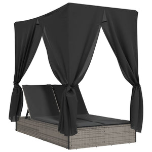 vidaXL Lettino Prendisole Doppio Tetto e Tende Grigio in Polyrattan