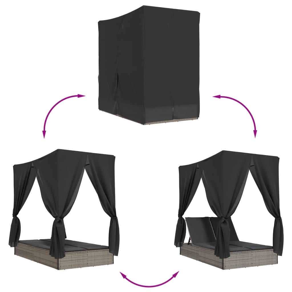 vidaXL Lettino Prendisole Doppio Tetto e Tende Grigio in Polyrattan
