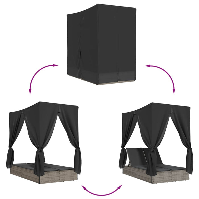 vidaXL Lettino Prendisole Doppio Tetto e Tende Grigio in Polyrattan