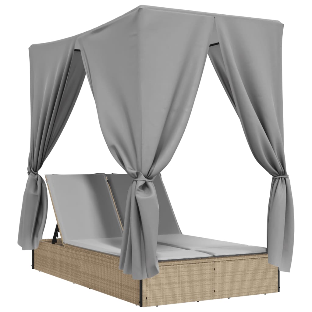 vidaXL Lettino Prendisole con Tetto e Tende Beige in Polyrattan