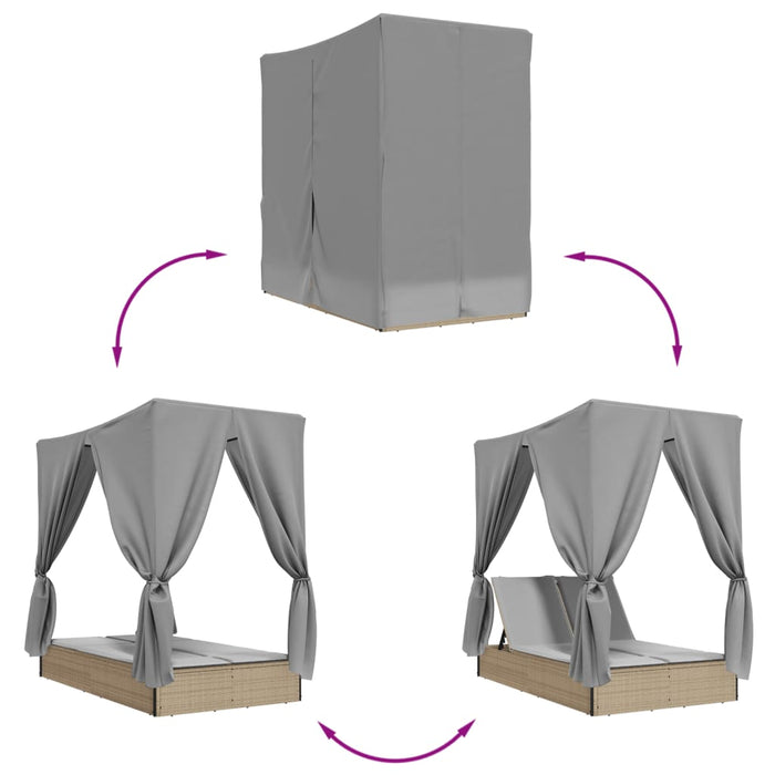vidaXL Lettino Prendisole con Tetto e Tende Beige in Polyrattan