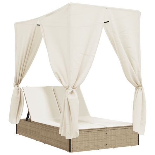 Lettino Prendisole con Tetto e Tende Beige in Polyrattan 368076