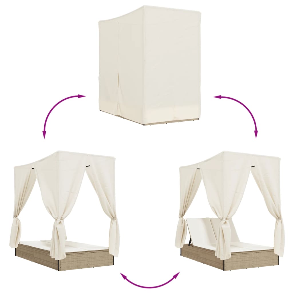 vidaXL Lettino Prendisole con Tetto e Tende Beige in Polyrattan