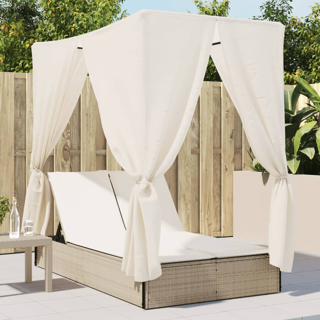 vidaXL Lettino Prendisole con Tetto e Tende Beige in Polyrattan