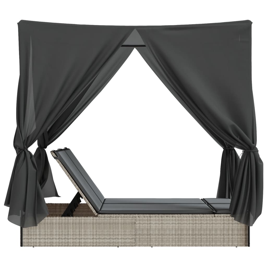 vidaXL Lettino Prendisole Tetto e Tende Grigio Chiaro in Polyrattan
