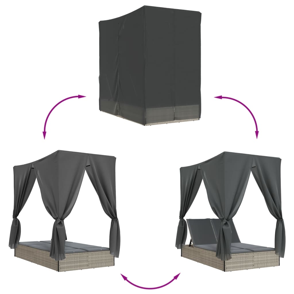 vidaXL Lettino Prendisole Tetto e Tende Grigio Chiaro in Polyrattan