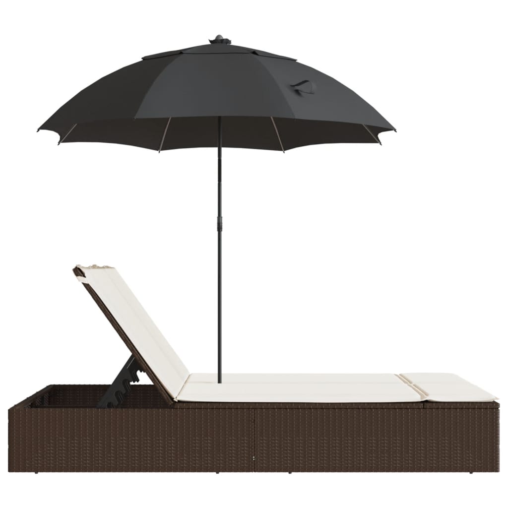 vidaXL Lettino Prendisole Doppio Cuscini e Parasole Marrone Polyrattan