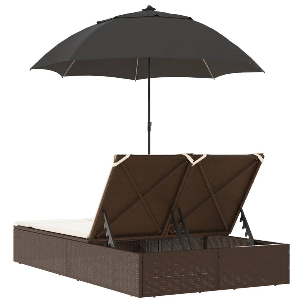 vidaXL Lettino Prendisole Doppio Cuscini e Parasole Marrone Polyrattan