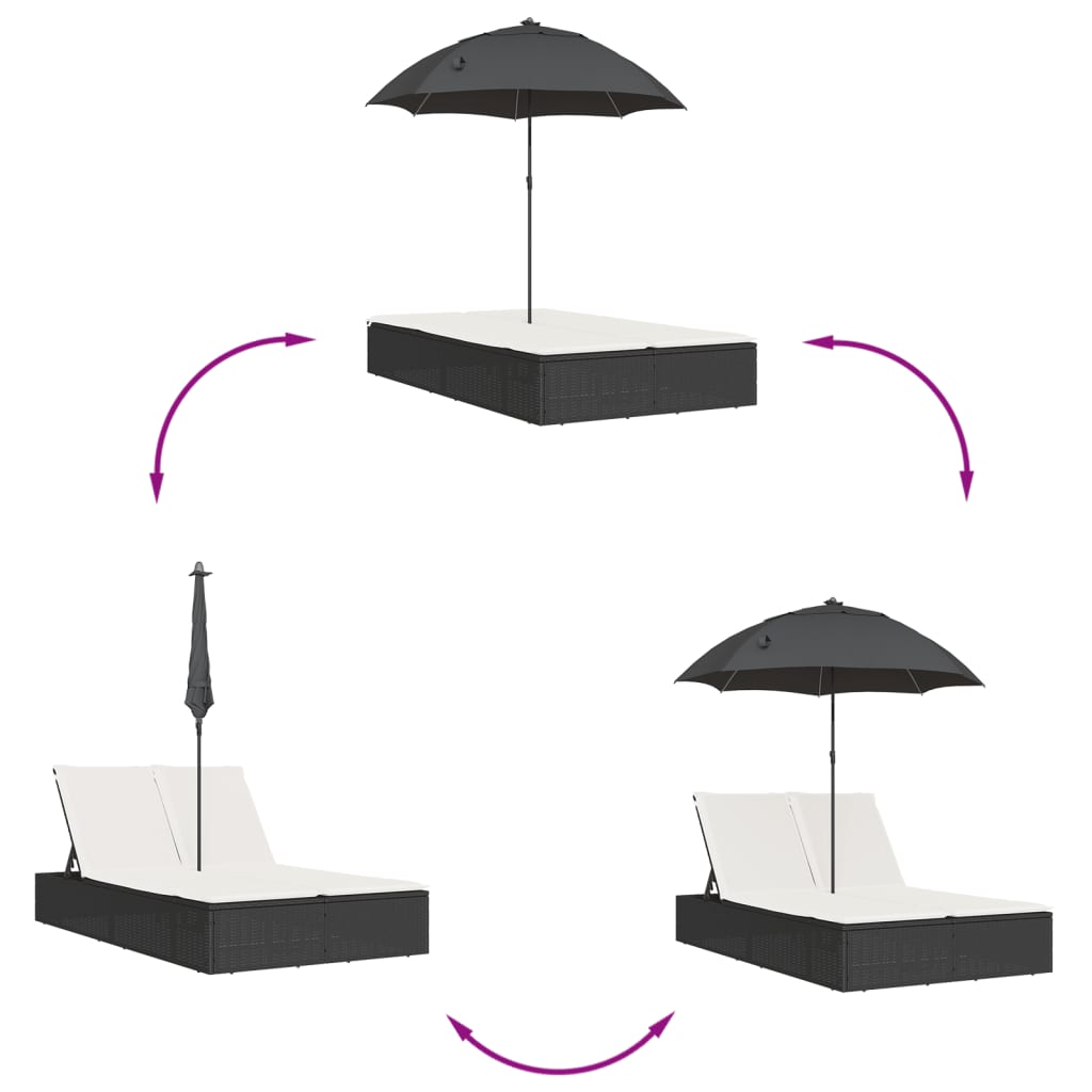 vidaXL Lettino Prendisole Doppio Cuscini e Parasole Marrone Polyrattan