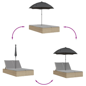 Lettino Prendisole Doppio Cuscini e Parasole Beige Polyrattan 368084