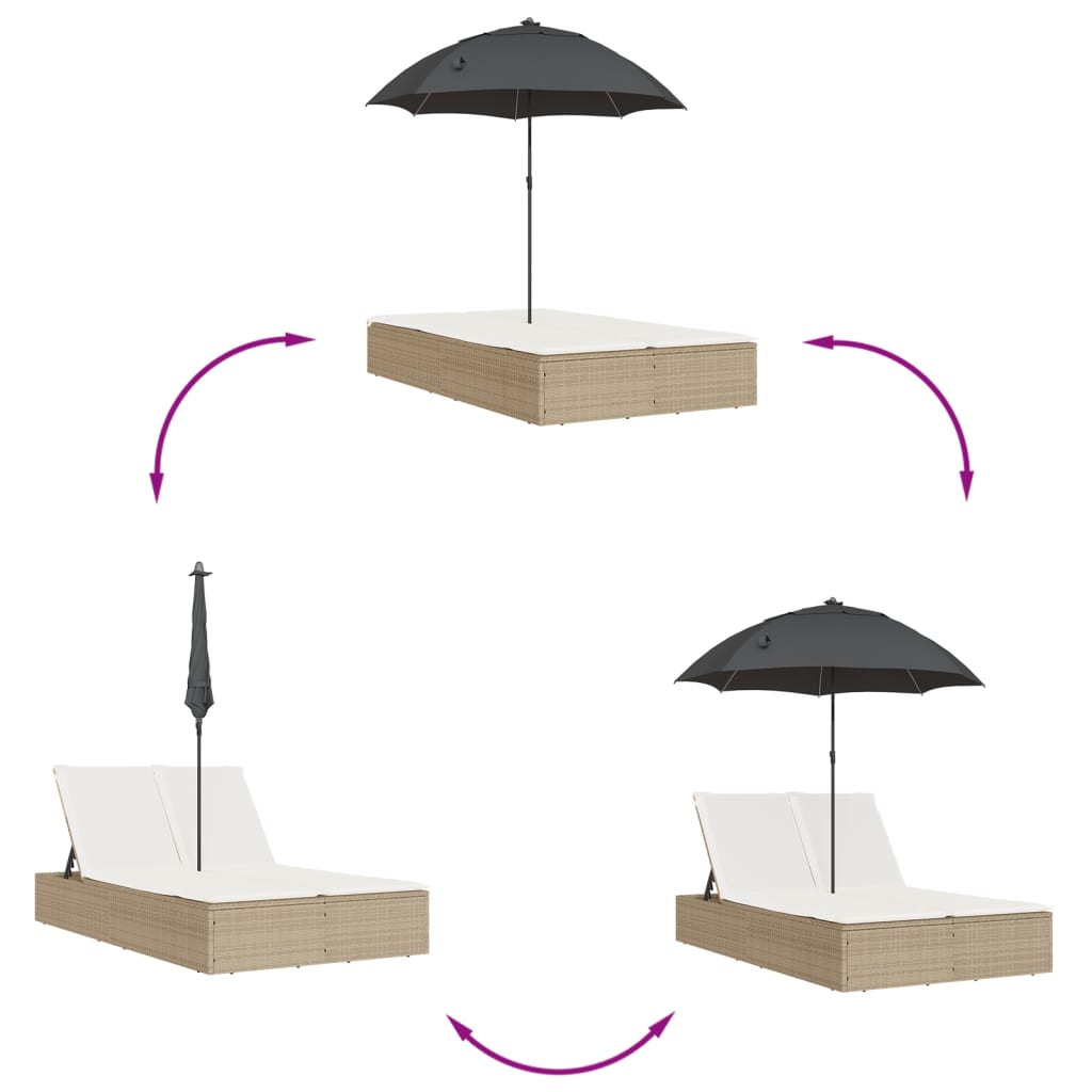 Lettino Prendisole Doppio Cuscini e Parasole Beige Polyrattan 368085