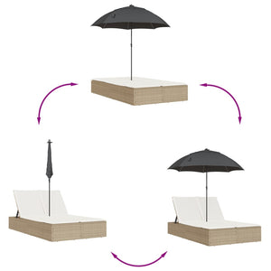 Lettino Prendisole Doppio Cuscini e Parasole Beige Polyrattan 368085