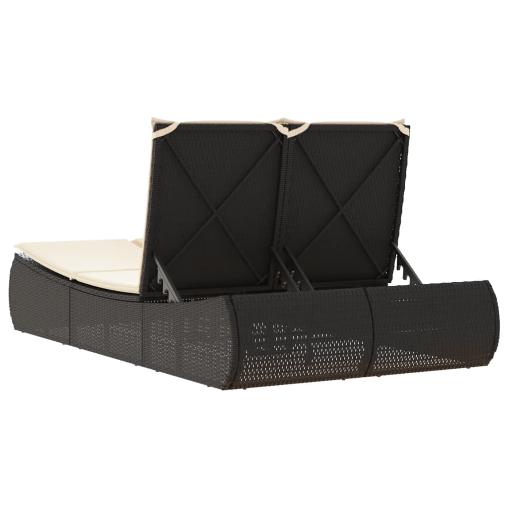 Lettino Prendisole Doppio con Cuscini Nero in Polyrattan