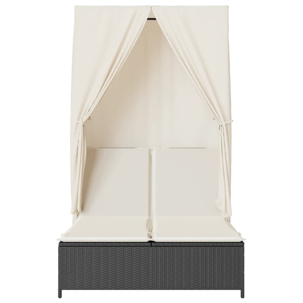 Lettino Prendisole con Tetto e Tende Nero in Polyrattan 368099