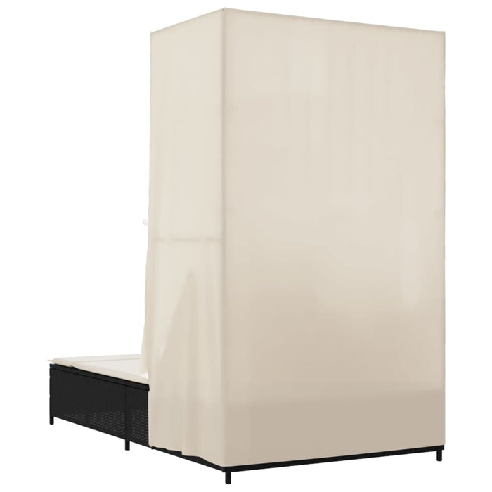 Lettino Prendisole con Tetto e Tende Nero in Polyrattan 368099