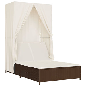 Lettino Prendisole con Tetto e Tende Marrone in Polyrattan