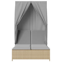 Lettino Prendisole con Tetto e Tende Beige in Polyrattan