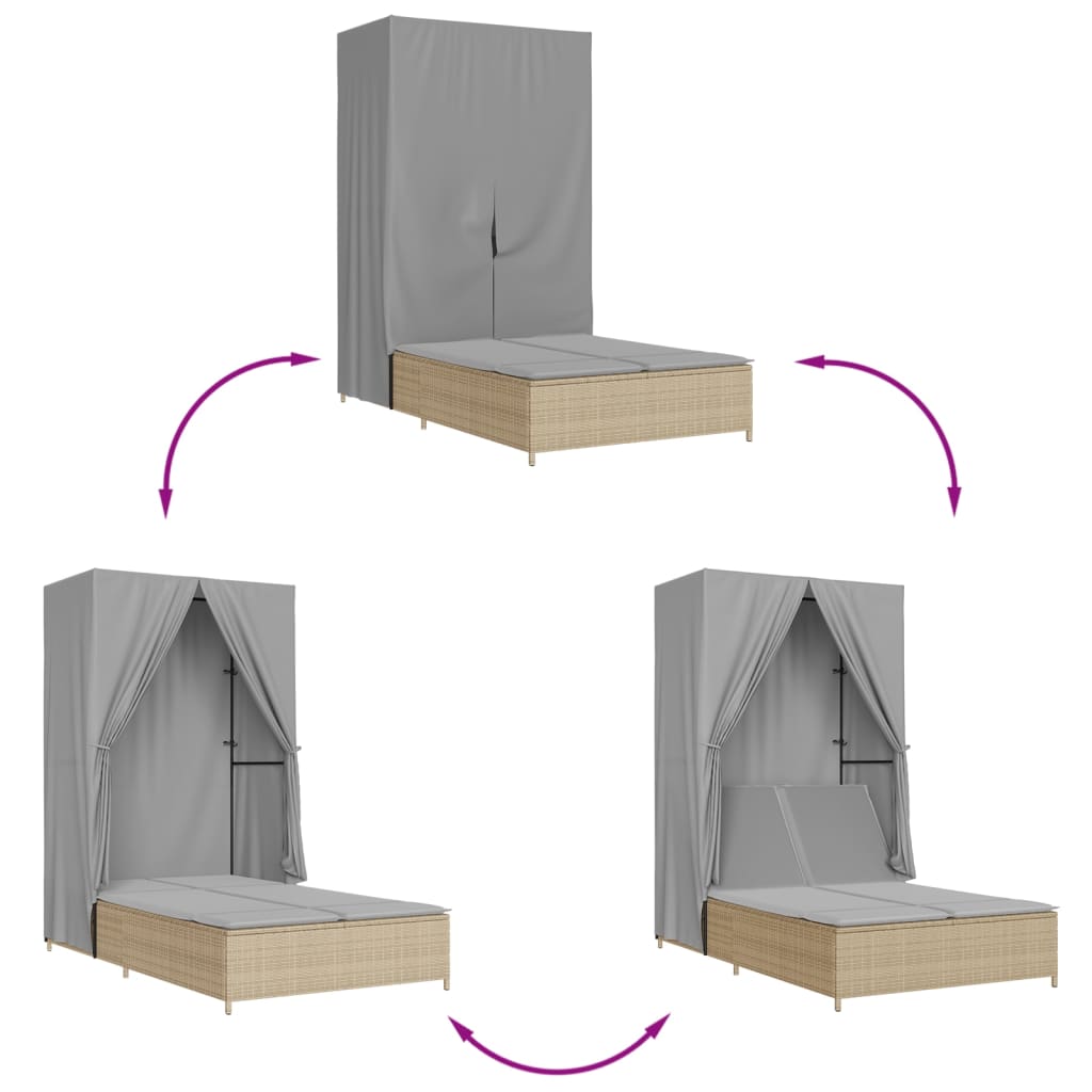 Lettino Prendisole con Tetto e Tende Beige in Polyrattan