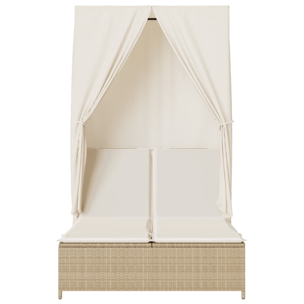 Lettino Prendisole con Tetto e Tende Beige in Polyrattan