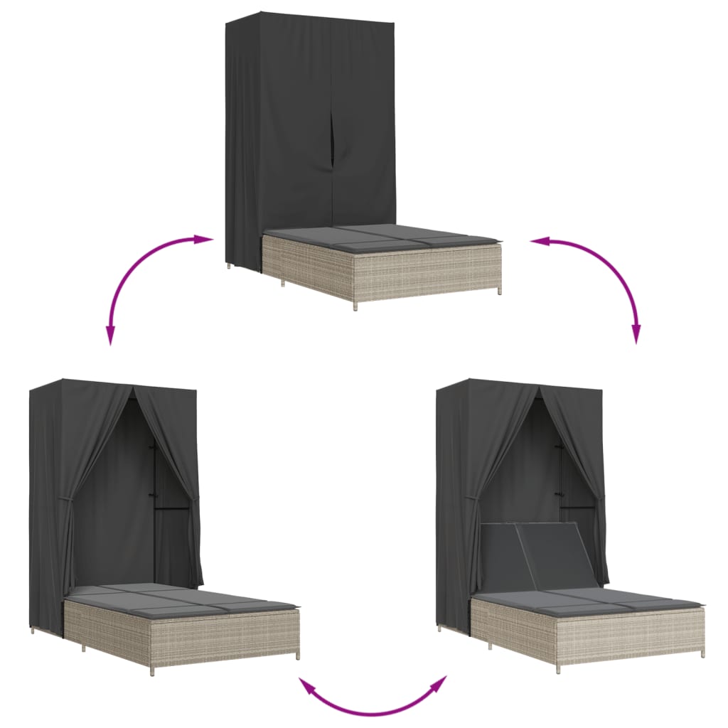 vidaXL Lettino Prendisole Tetto e Tende Grigio Chiaro in Polyrattan