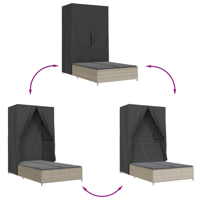 vidaXL Lettino Prendisole Tetto e Tende Grigio Chiaro in Polyrattan
