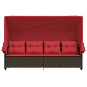 Lettino Prendisole con Baldacchino e Cuscini Marrone Polyrattan 368341