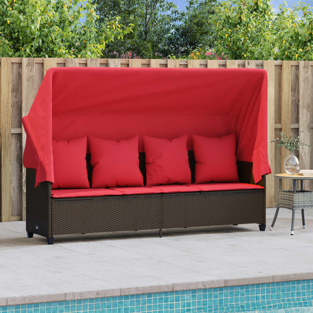 Lettino Prendisole con Baldacchino e Cuscini Marrone Polyrattan 368359