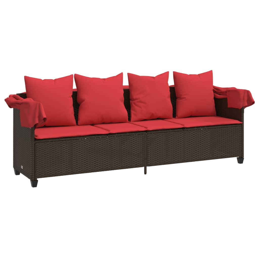 Lettino Prendisole con Baldacchino e Cuscini Marrone Polyrattan 368359