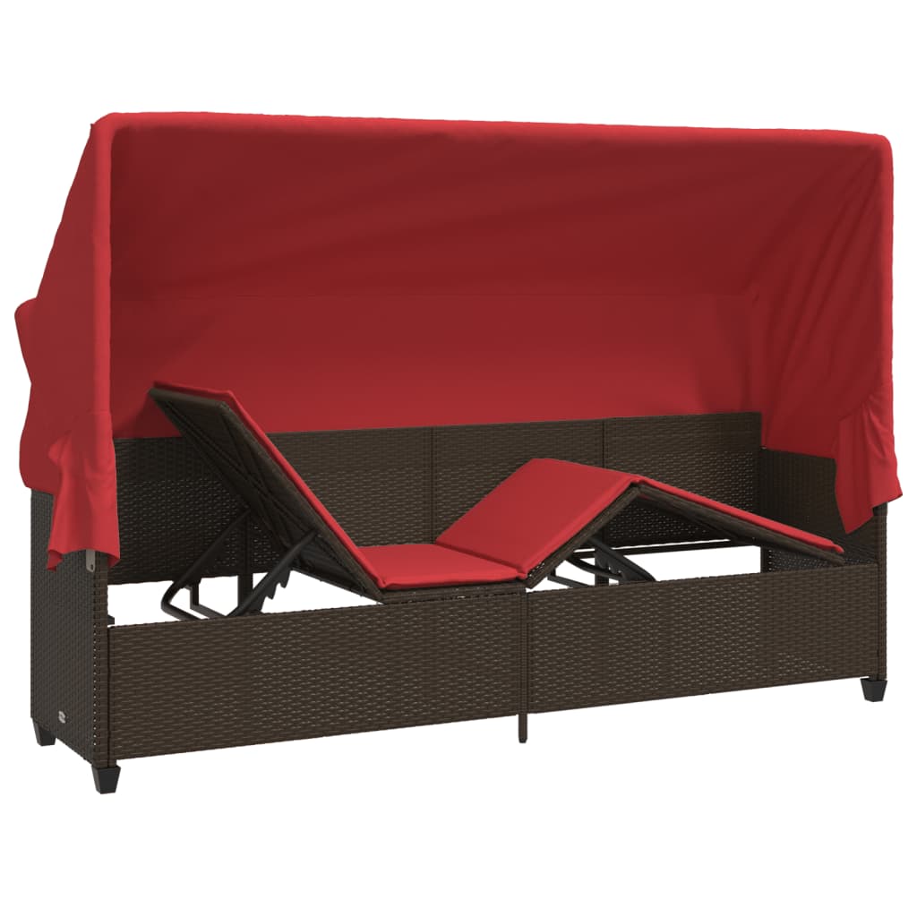 Lettino Prendisole con Baldacchino e Cuscini Marrone Polyrattan 368359