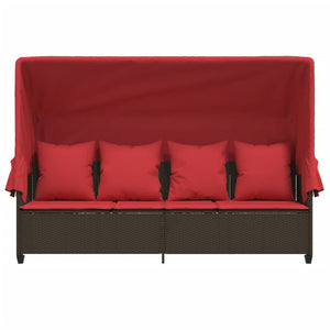 Lettino Prendisole con Baldacchino e Cuscini Marrone Polyrattan 368359