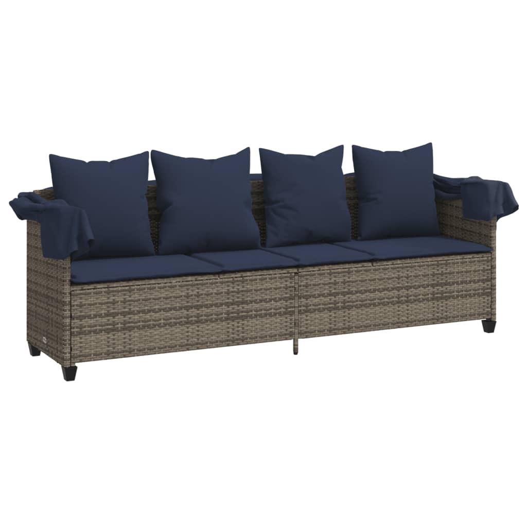 Lettino Prendisole con Baldacchino e Cuscini GrigioÂ Polyrattan