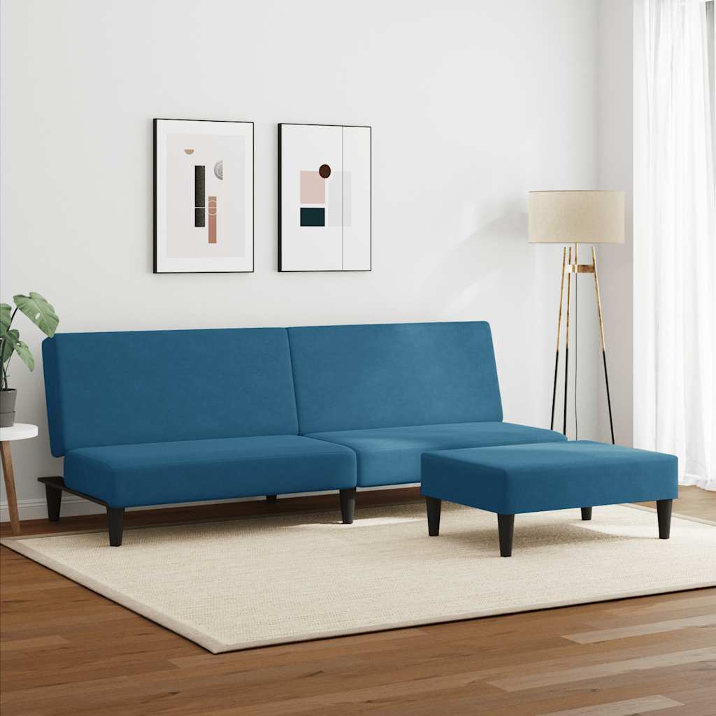 Divano Letto 2 Posti con Poggiapiedi Blu in Velluto 3216230