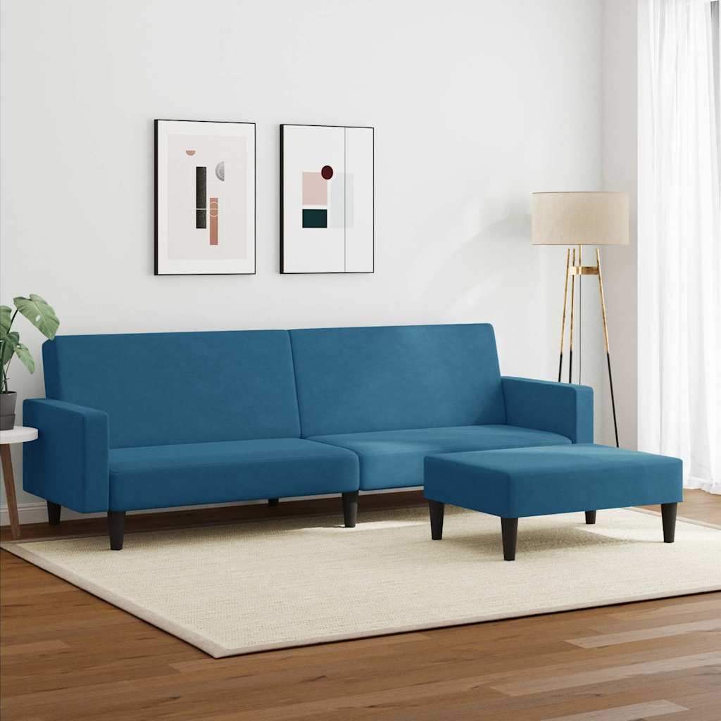 Divano Letto 2 Posti con Poggiapiedi Blu in Velluto 3216235