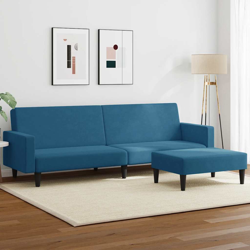 Divano Letto 2 Posti con Poggiapiedi Blu in Velluto 3216235