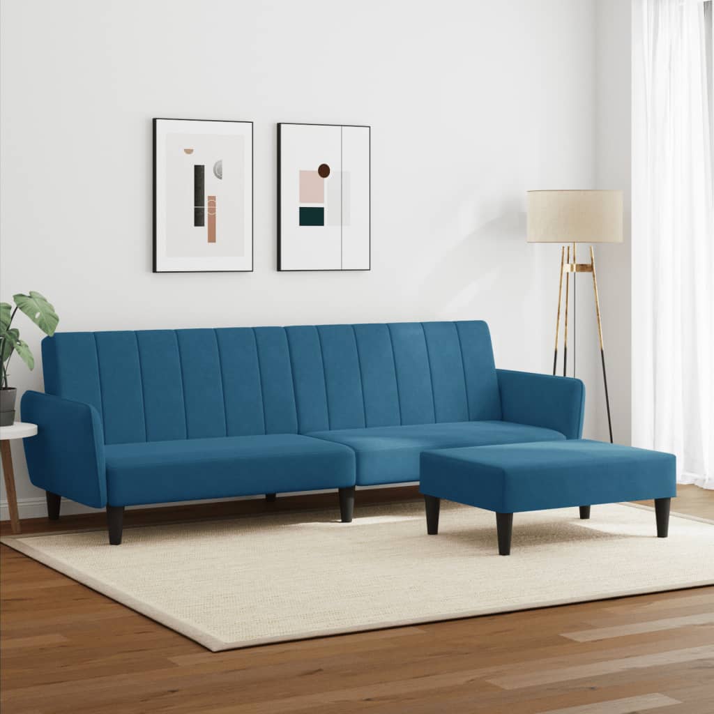 Divano Letto 2 Posti con Poggiapiedi Blu in Velluto 3216249