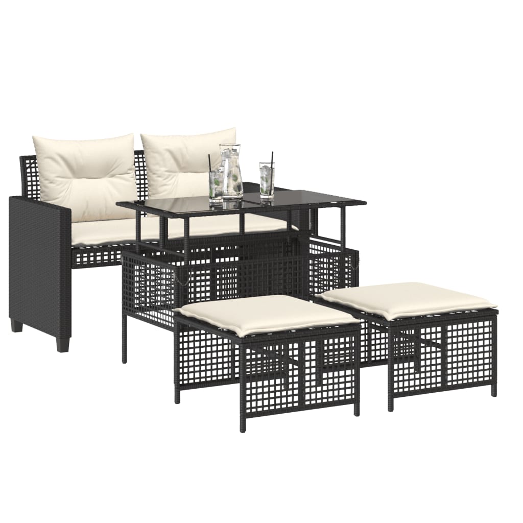 Set Divani da Giardino 4 pz con Cuscini Nero Polyrattan Vetro 368134