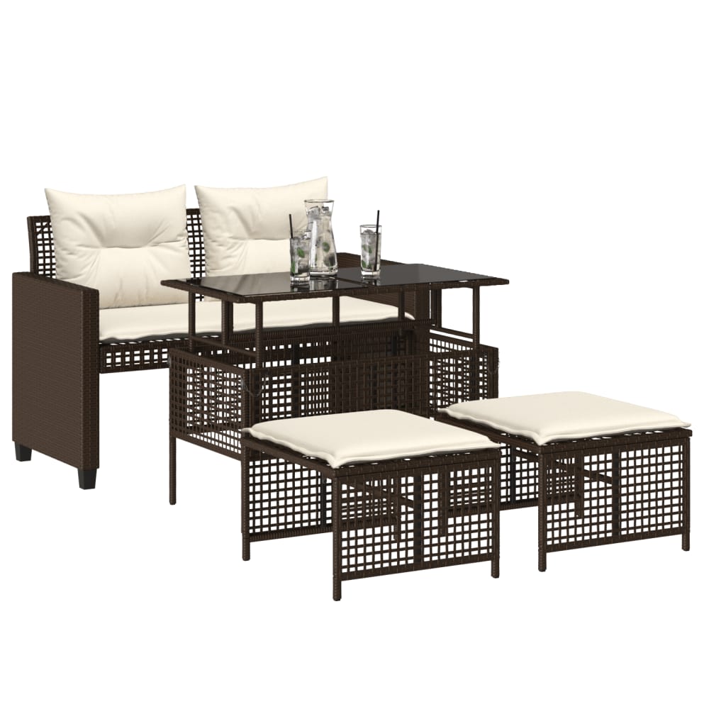 Set Divano da Giardino 4 pz Cuscini-Sofa da Giardino-Divanetto da esterno Marrone Polyrattan e Vetro