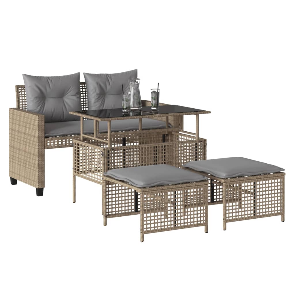 Set Divano da Giardino 4 pz con Cuscini-Sofa da Giardino-Divanetto da esterno Beige Polyrattan Vetro 468856