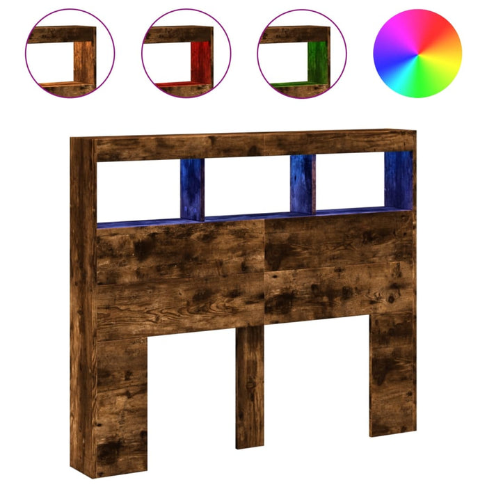 Testiera con Contenitore a LED-Testiera con Ripiani Rovere Fumo 120x17x102 cm